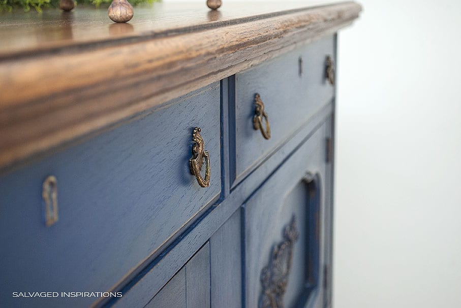 Close Up of Dixie Belle Painted Blue Buffet w Bronze