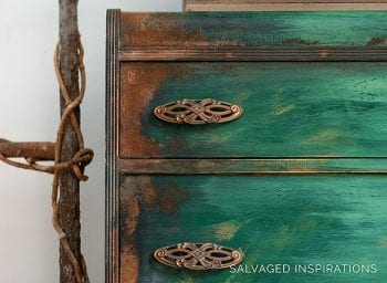 Close Up Corner of Rusted Patina on Waterfall Dresser