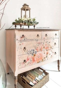 Side View of Vintage Lowboy Dresser w Floral Transfer