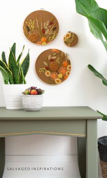 Staged Tables w Vintage Embroidery Wall Art