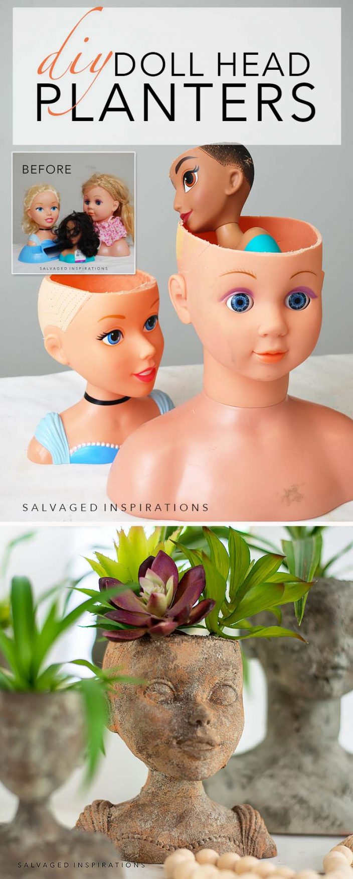 DIY Doll Head Planters Before and After
