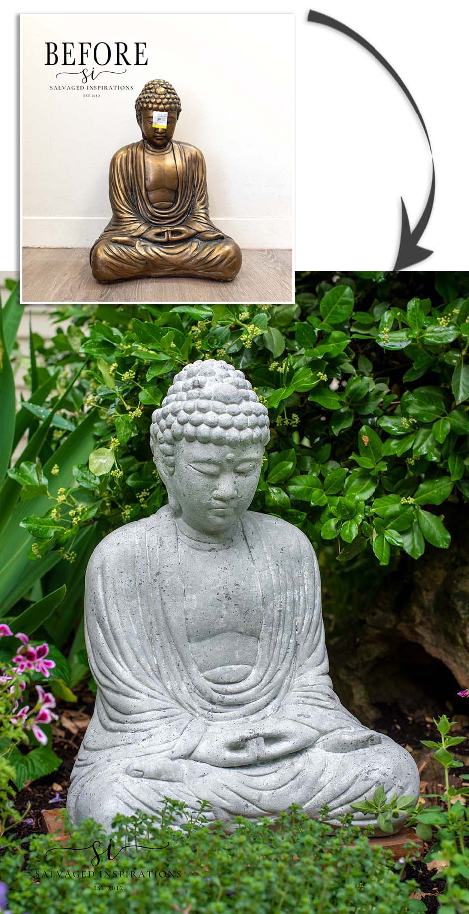 Before and After Garden Buddha Painted