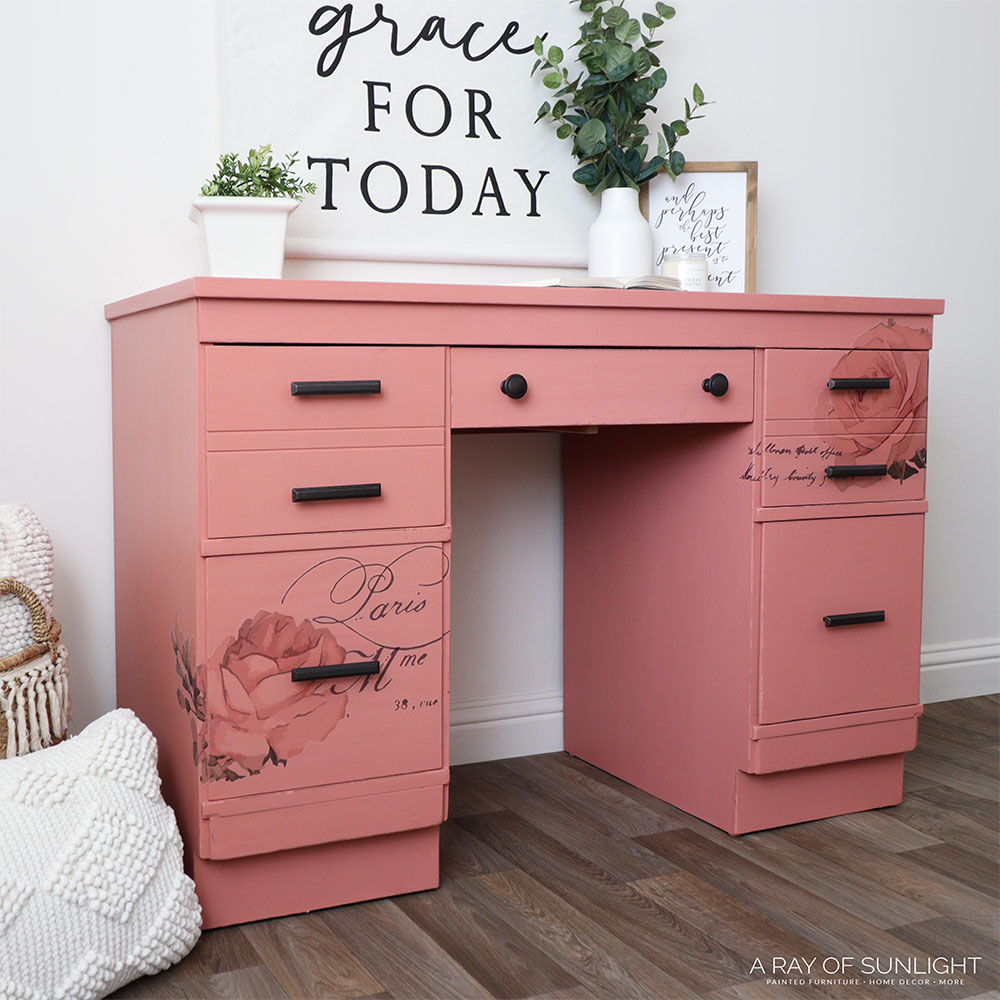 side-angle-of-laminate-desk-painted-with-pink-chalk-paint A Ray Of Sunlight