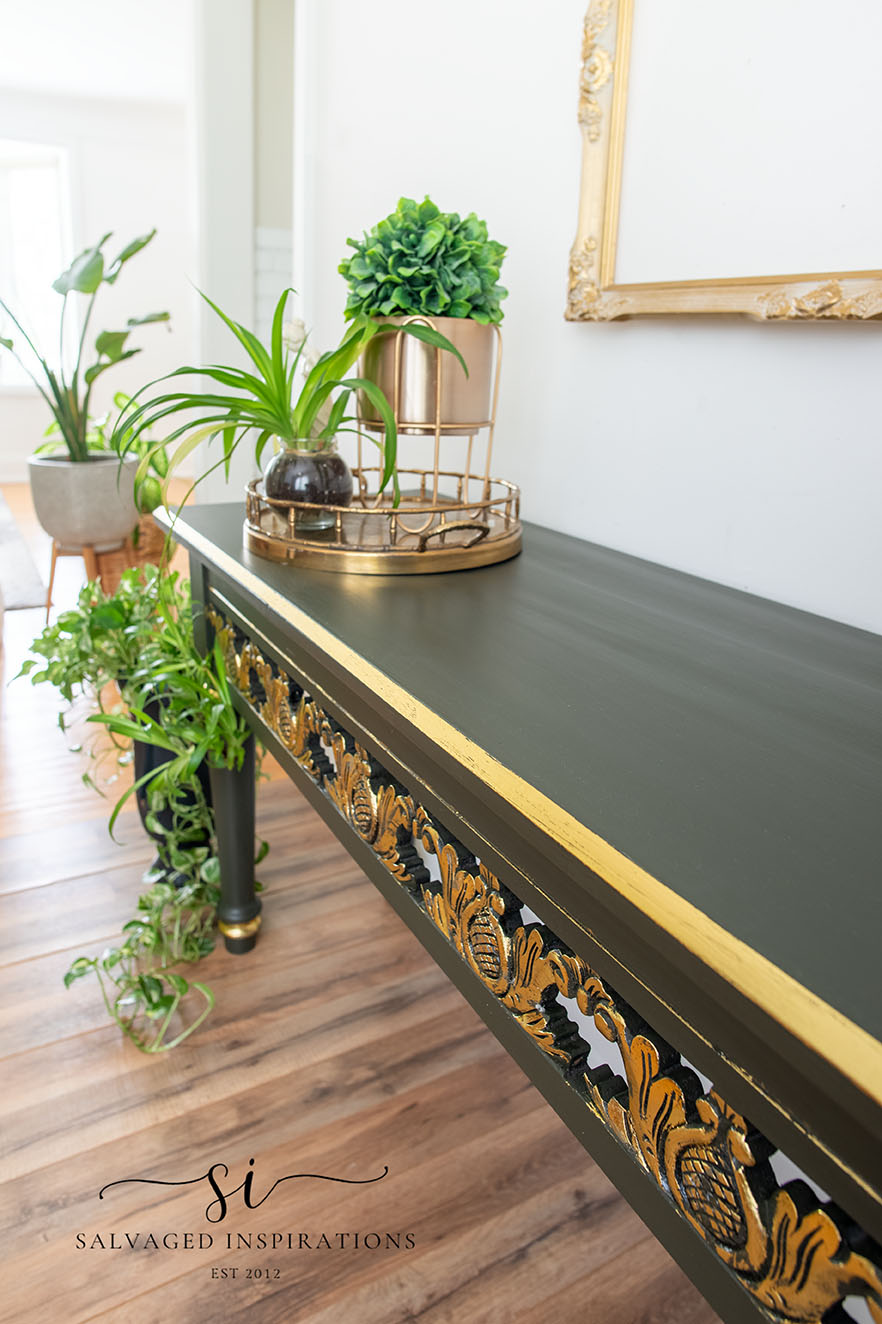 Green Console Table with Gold Leaf Foil | Salvaged Inspirations