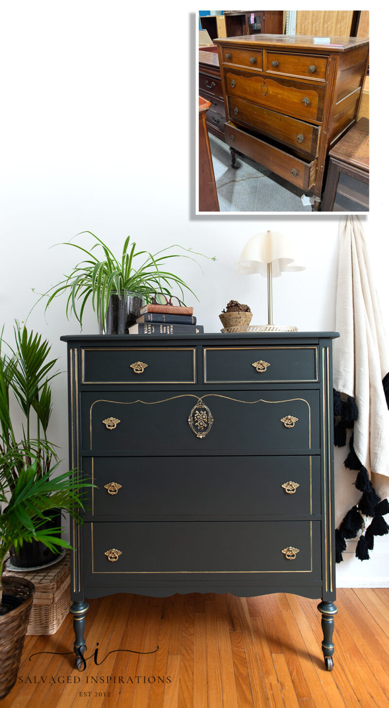 Before and AFter View Of Green Dresser With Gold Pen