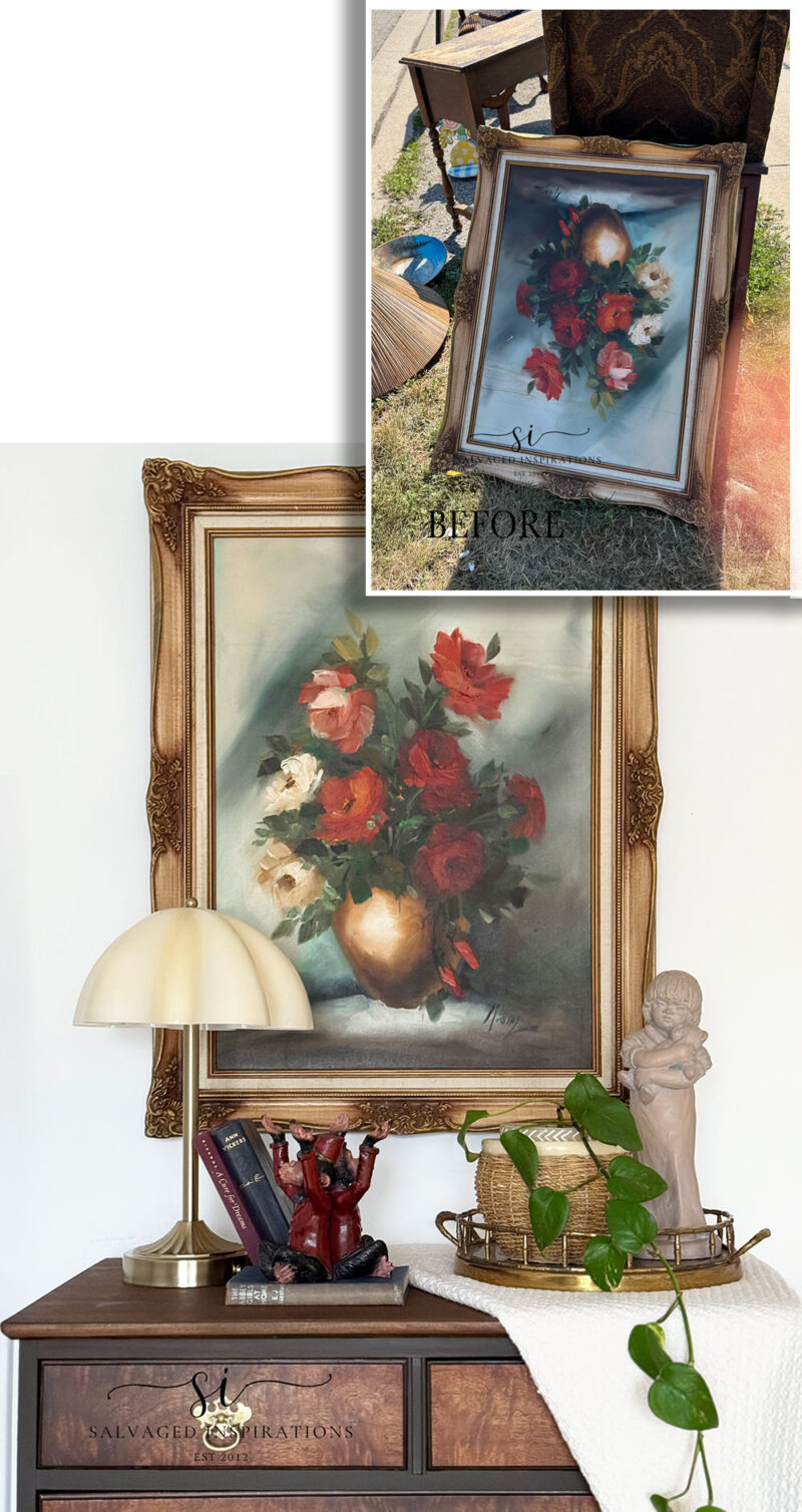 Before and After Trashed and Repaired Floral Canvas Painting