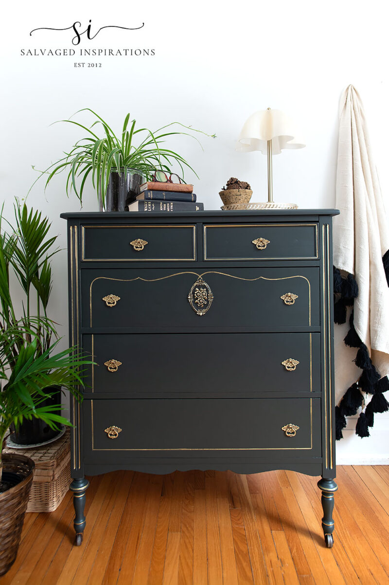 Front View Of Green Dresser With Gold Pen