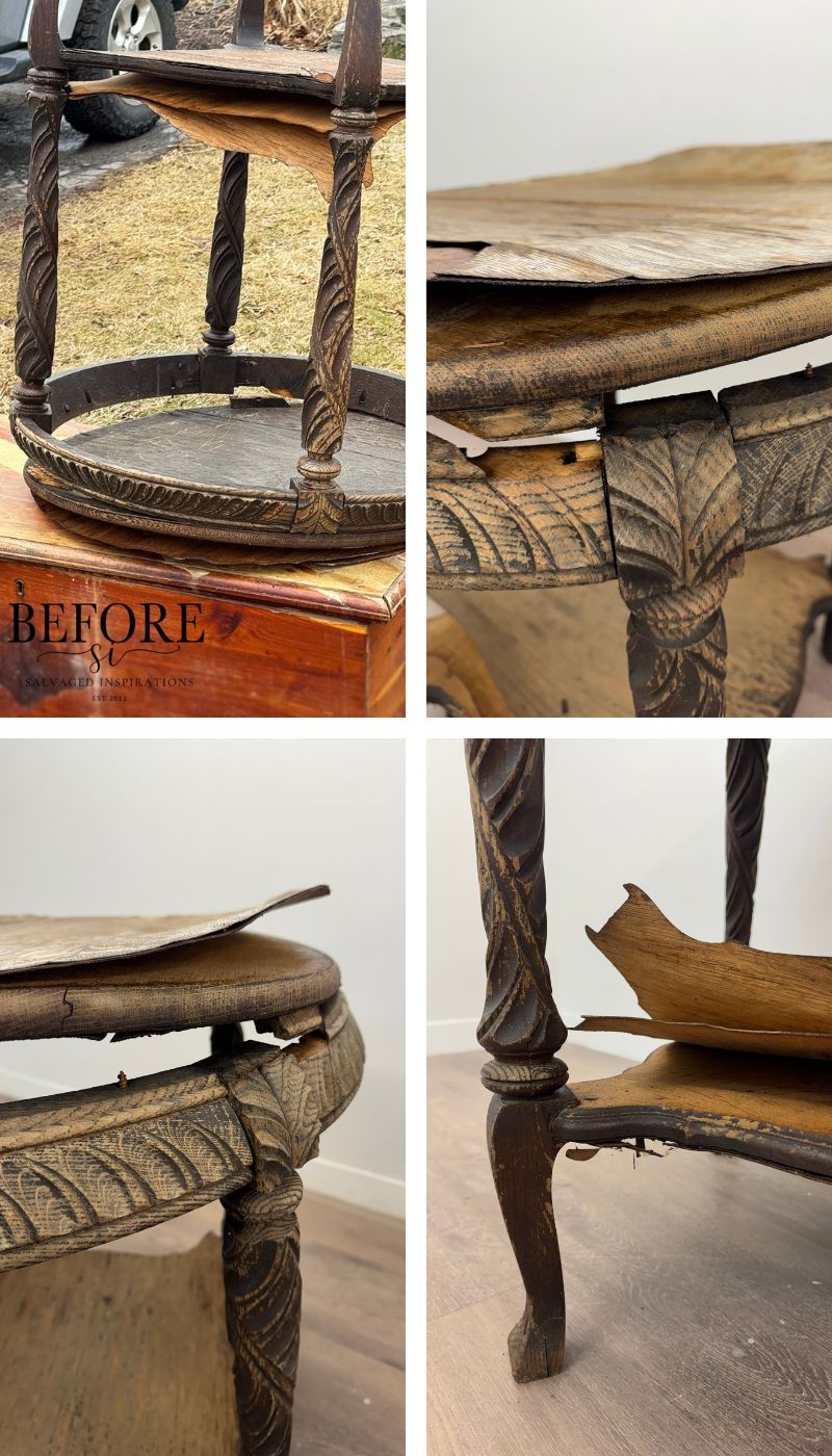 4 Pics of Trashed Ornate Table BEFORE