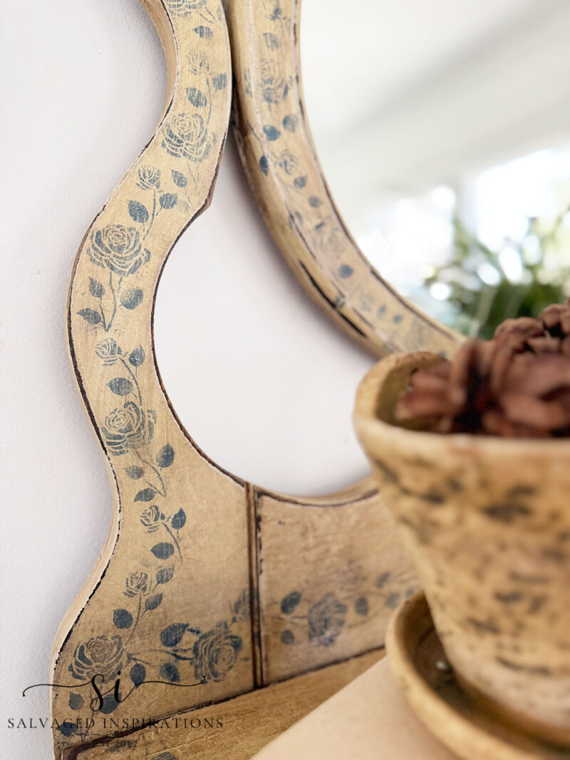 Stenciled-and-Antiqued-Mirror-on-Dresser