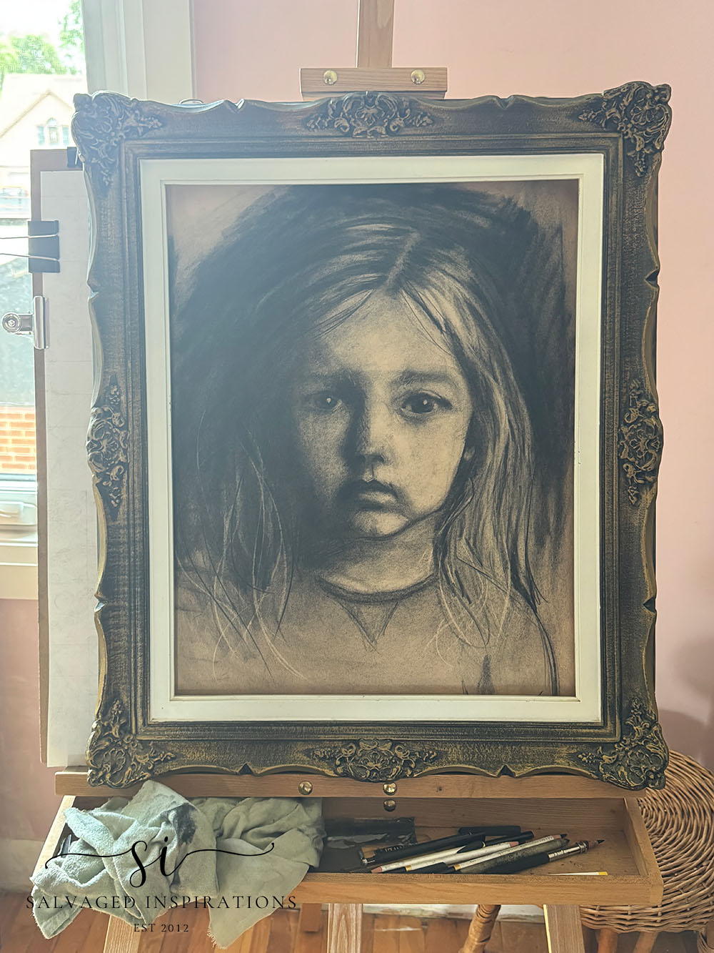 Girl Charcoal Drawing On Easel - Salvaged Inspirations