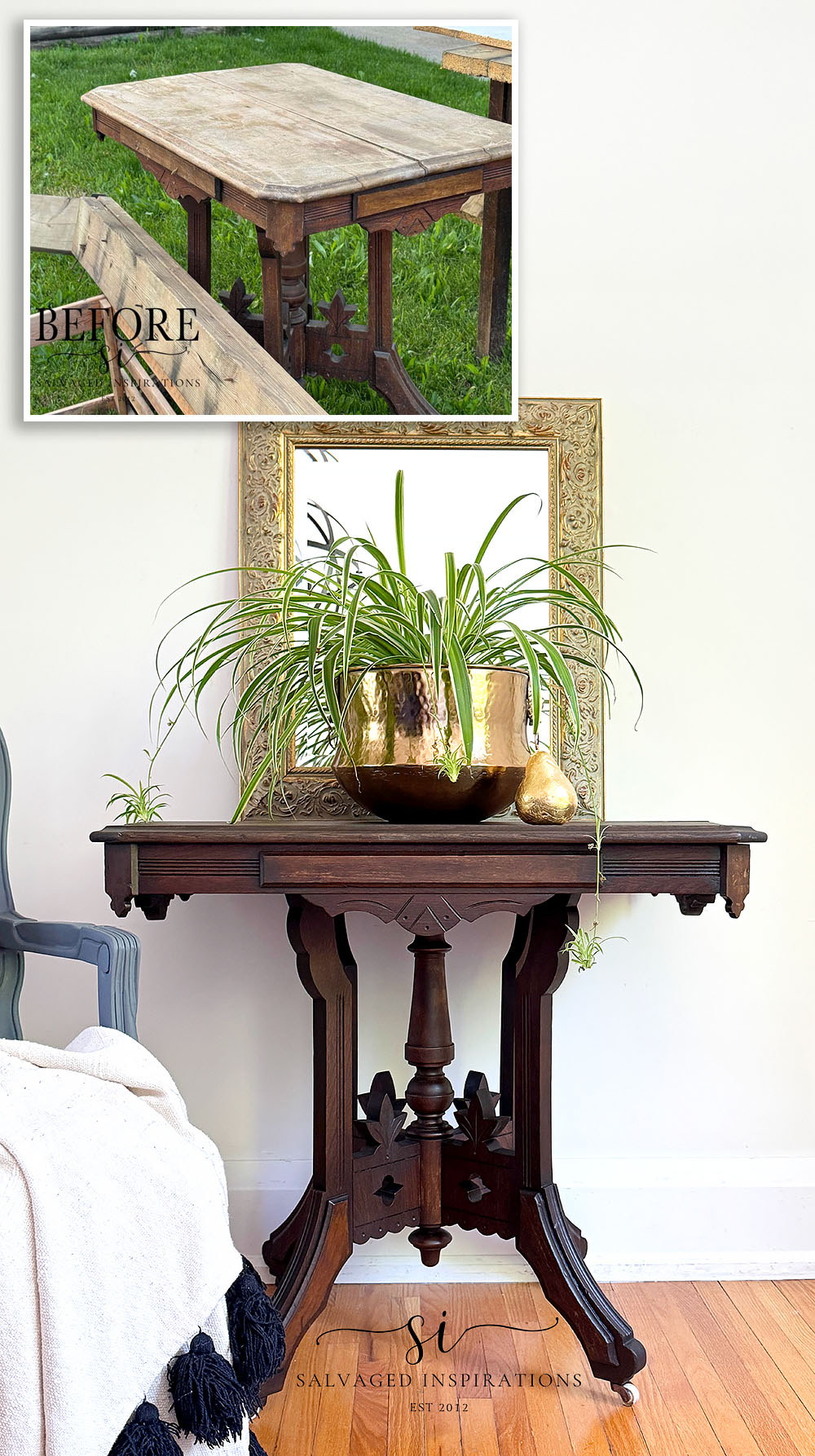 Walnut Stained Eastlake Table Before and After
