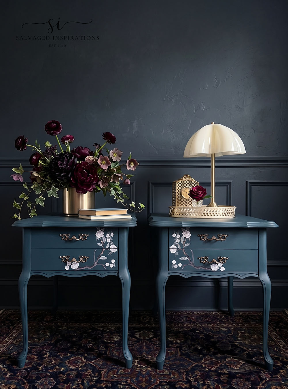 Heirloom Painted Side Tables in AI generated backdrop - Salvaged Inspirations
