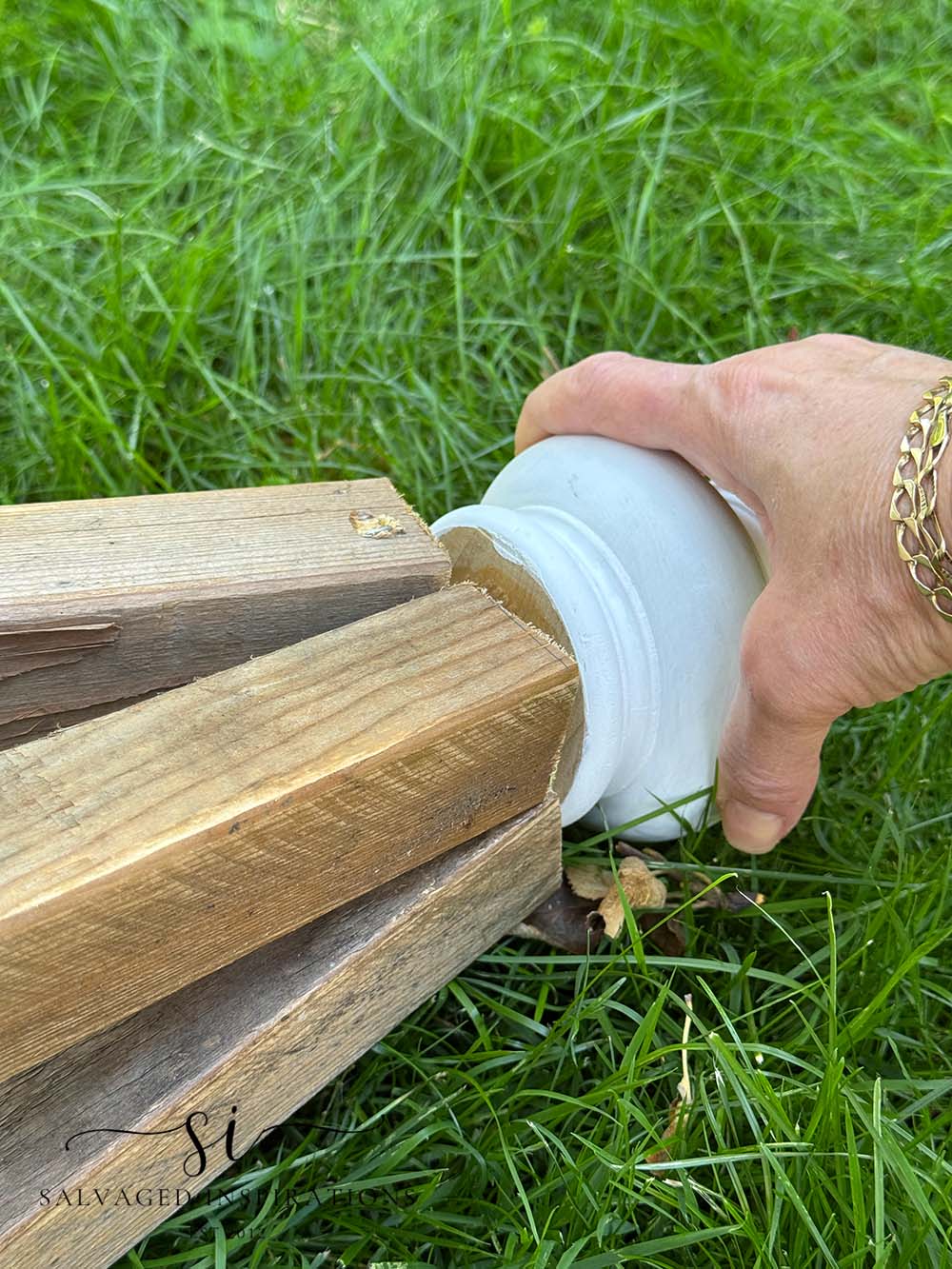 Wood Bun Foot as Finial Topper on Trellis