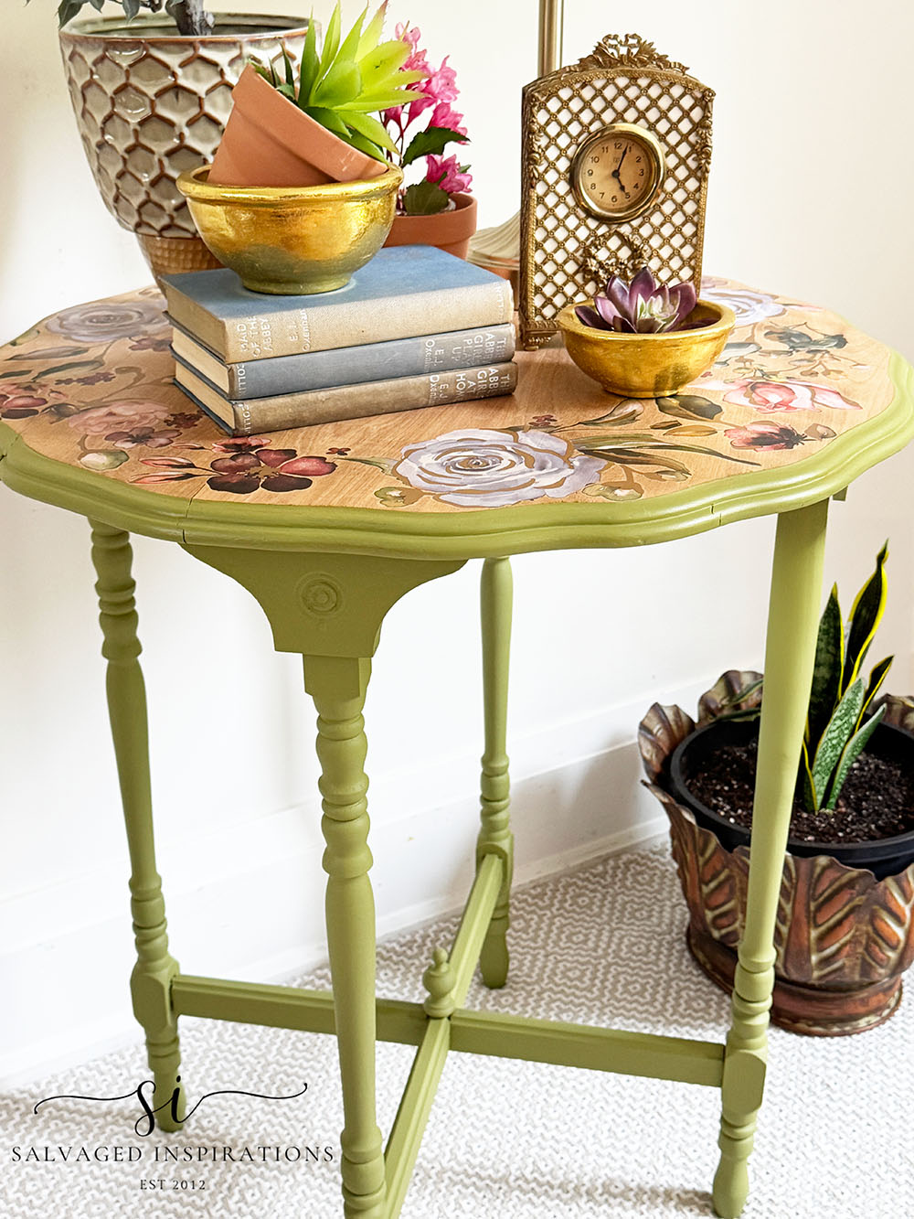 Floral Decor Transfer Table on Raw Wood Top