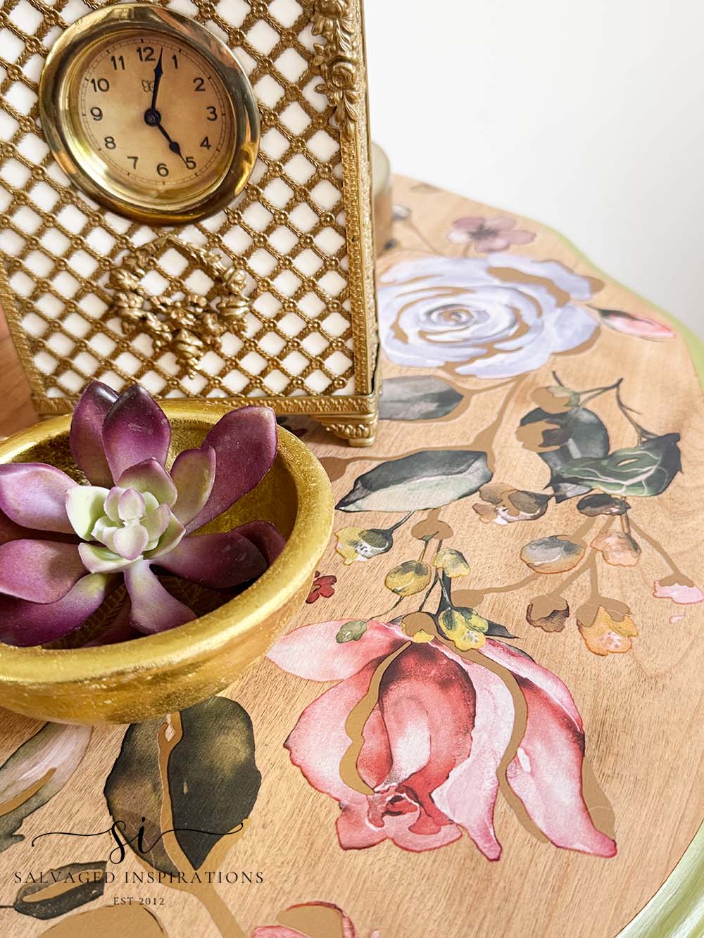 Floral Transfer On Raw Wood Table Top