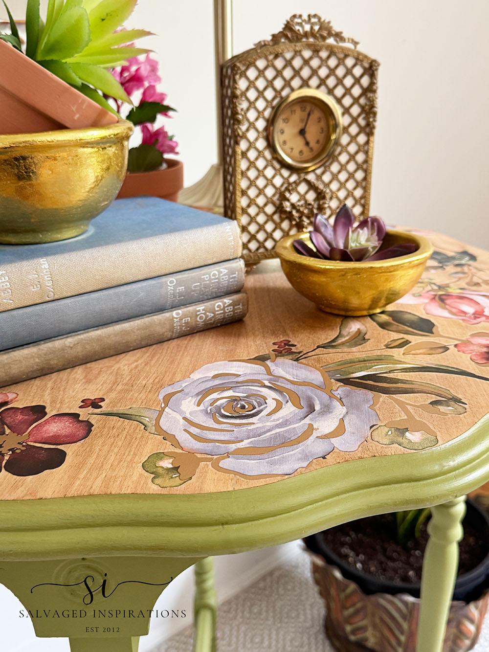 Floral Transfers on Raw Wood Parlour Table Top