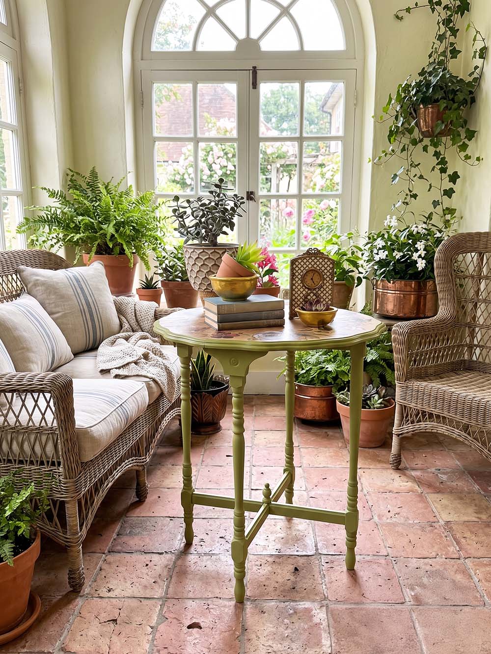 Garden Room Scape with Floral Raw Wood Table as Focus - AI