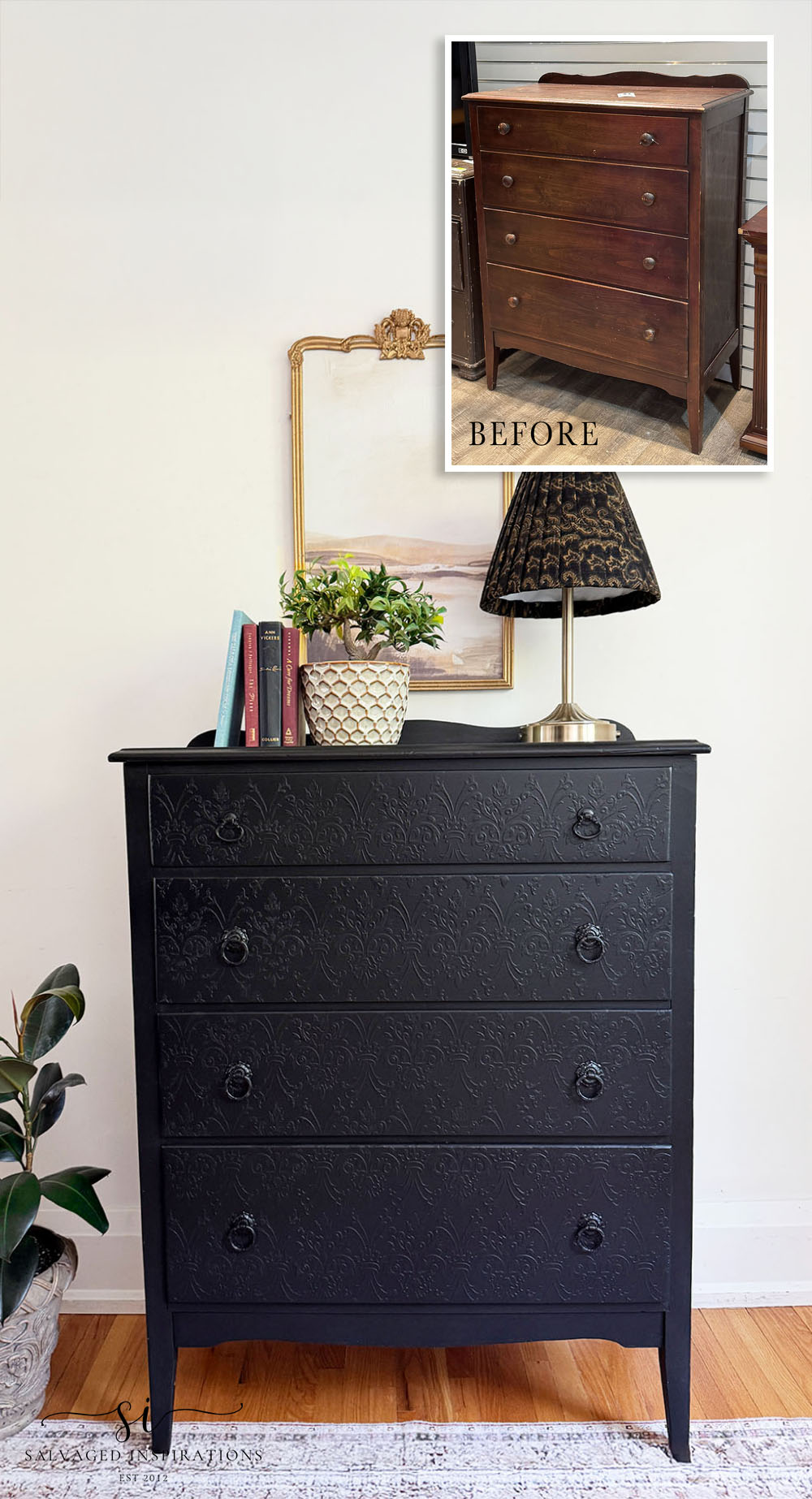 Raised Stencil 1940s Dresser BEFORE AND AFTER Makeover