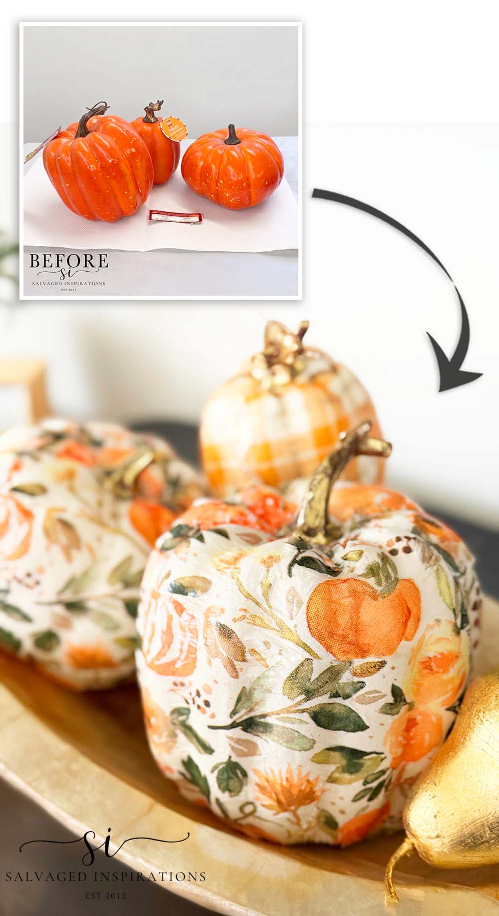 Before and AFter Fall Napkin Decoupage on Pumpkin Decor