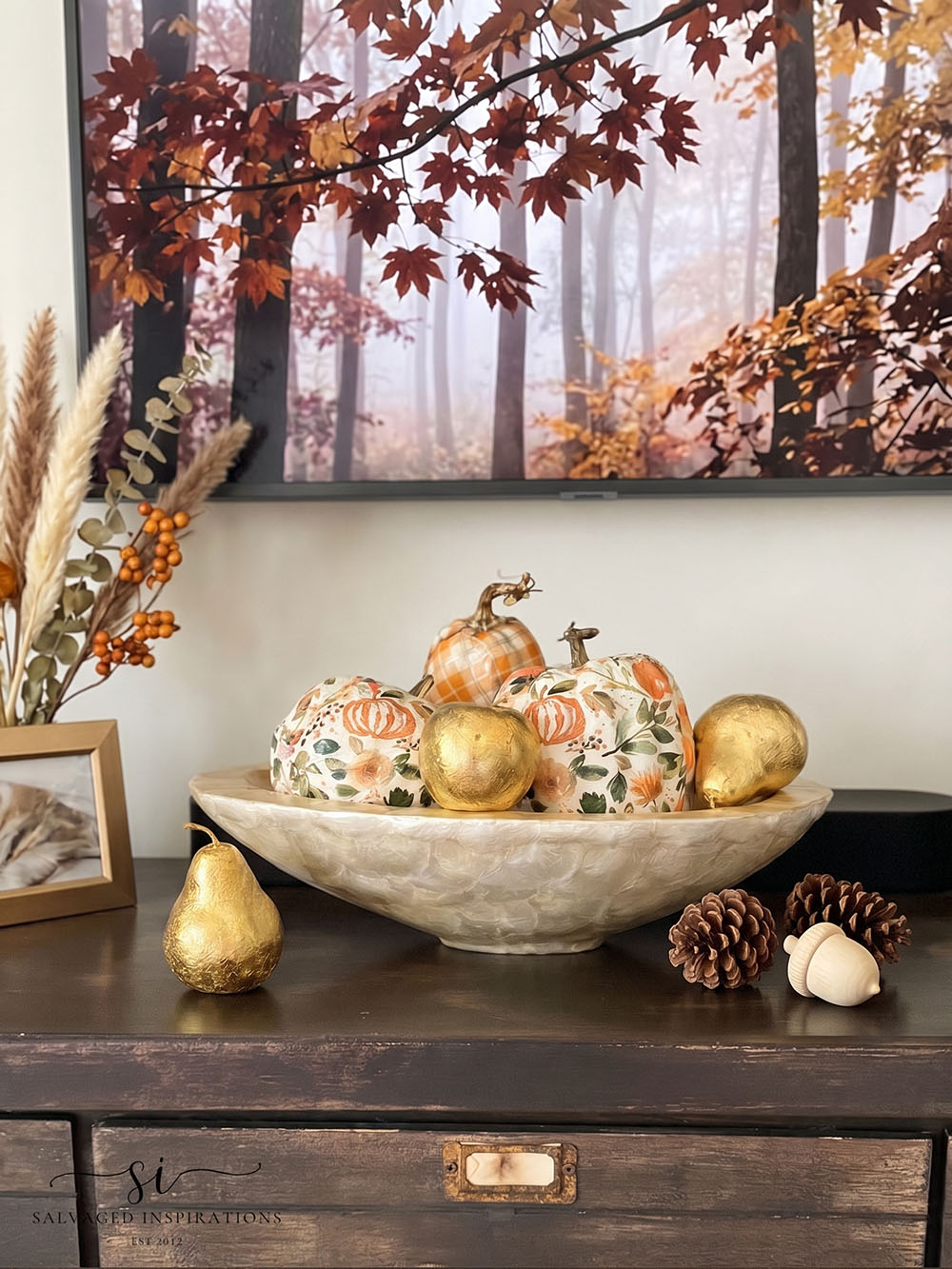 Decoupaged Pumpkins Under TV