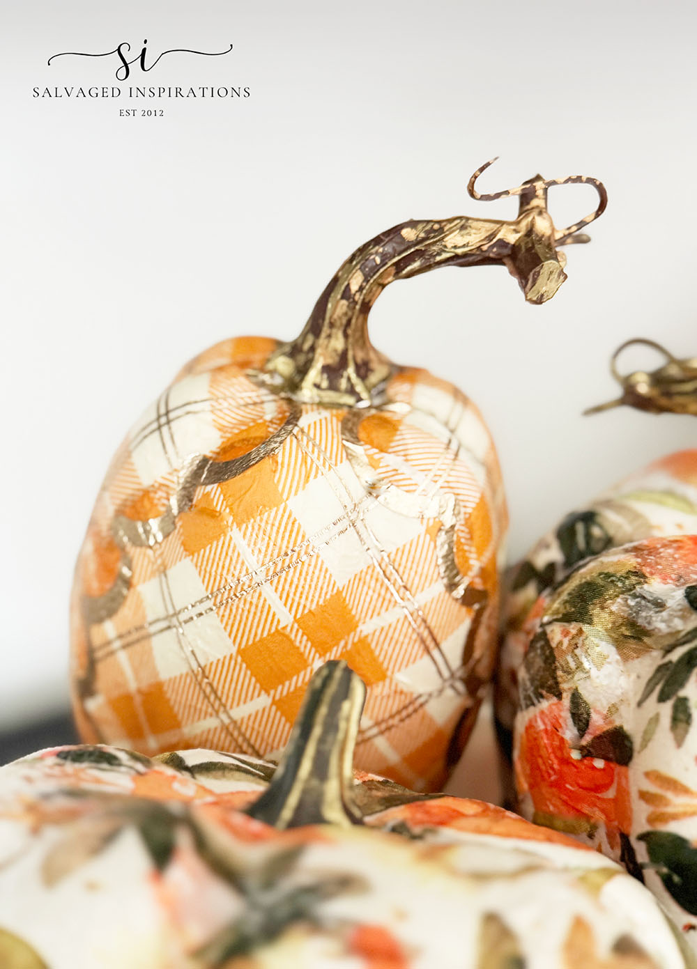 Decoupaged Pumpkins With Gold Pen Stems