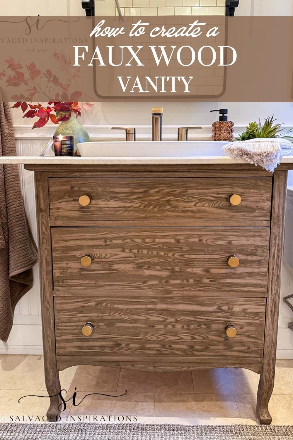 Pinterest Pin - How To Create A Faux Wood Vanity