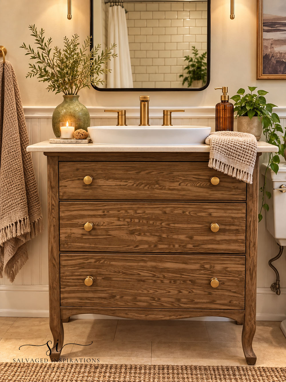 Warm Taupe Vanity with Brass Accents